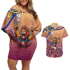 Personalized Brisbane Lions Football Mascot Couples Matching Off Shoulder Short Dress and Hawaiian Shirt Aboriginal Dot Art Style Vibrant Indigenous Pattern Design