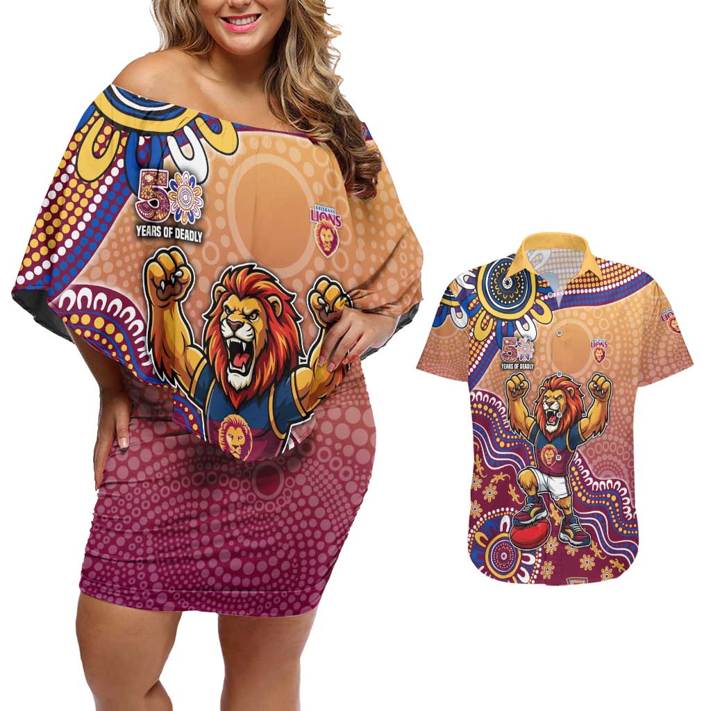 Personalized Brisbane Lions Football Mascot Couples Matching Off Shoulder Short Dress and Hawaiian Shirt Aboriginal Dot Art Style Vibrant Indigenous Pattern Design