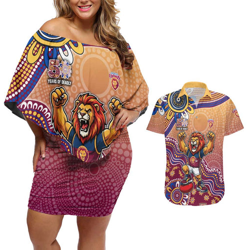 Personalized Brisbane Lions Football Mascot Couples Matching Off Shoulder Short Dress and Hawaiian Shirt Aboriginal Dot Art Style Vibrant Indigenous Pattern Design