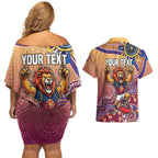 Personalized Brisbane Lions Football Mascot Couples Matching Off Shoulder Short Dress and Hawaiian Shirt Aboriginal Dot Art Style Vibrant Indigenous Pattern Design