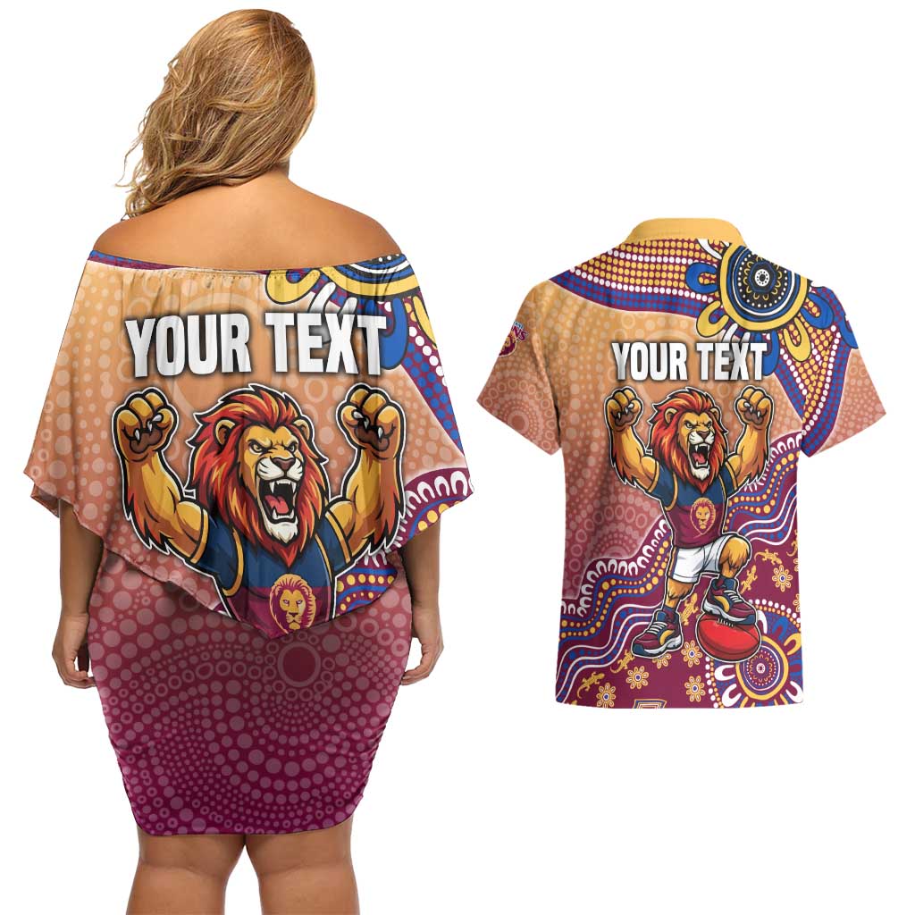 Personalized Brisbane Lions Football Mascot Couples Matching Off Shoulder Short Dress and Hawaiian Shirt Aboriginal Dot Art Style Vibrant Indigenous Pattern Design