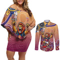Personalized Brisbane Lions Football Mascot Couples Matching Off Shoulder Short Dress and Long Sleeve Button Shirt Aboriginal Dot Art Style Vibrant Indigenous Pattern Design