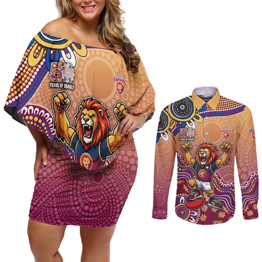 Personalized Brisbane Lions Football Mascot Couples Matching Off Shoulder Short Dress and Long Sleeve Button Shirt Aboriginal Dot Art Style Vibrant Indigenous Pattern Design