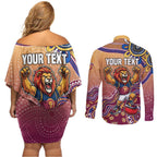 Personalized Brisbane Lions Football Mascot Couples Matching Off Shoulder Short Dress and Long Sleeve Button Shirt Aboriginal Dot Art Style Vibrant Indigenous Pattern Design