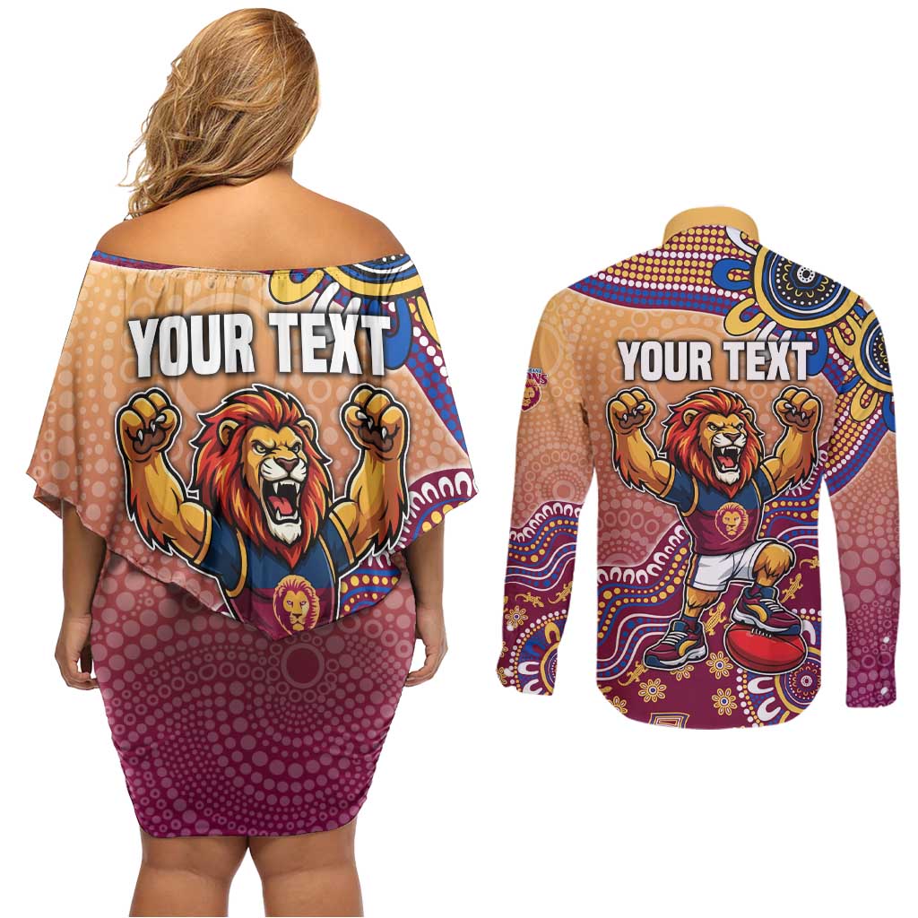Personalized Brisbane Lions Football Mascot Couples Matching Off Shoulder Short Dress and Long Sleeve Button Shirt Aboriginal Dot Art Style Vibrant Indigenous Pattern Design