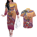 Personalized Brisbane Lions Football Mascot Couples Matching Off The Shoulder Long Sleeve Dress and Hawaiian Shirt Aboriginal Dot Art Style Vibrant Indigenous Pattern Design