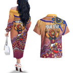 Personalized Brisbane Lions Football Mascot Couples Matching Off The Shoulder Long Sleeve Dress and Hawaiian Shirt Aboriginal Dot Art Style Vibrant Indigenous Pattern Design