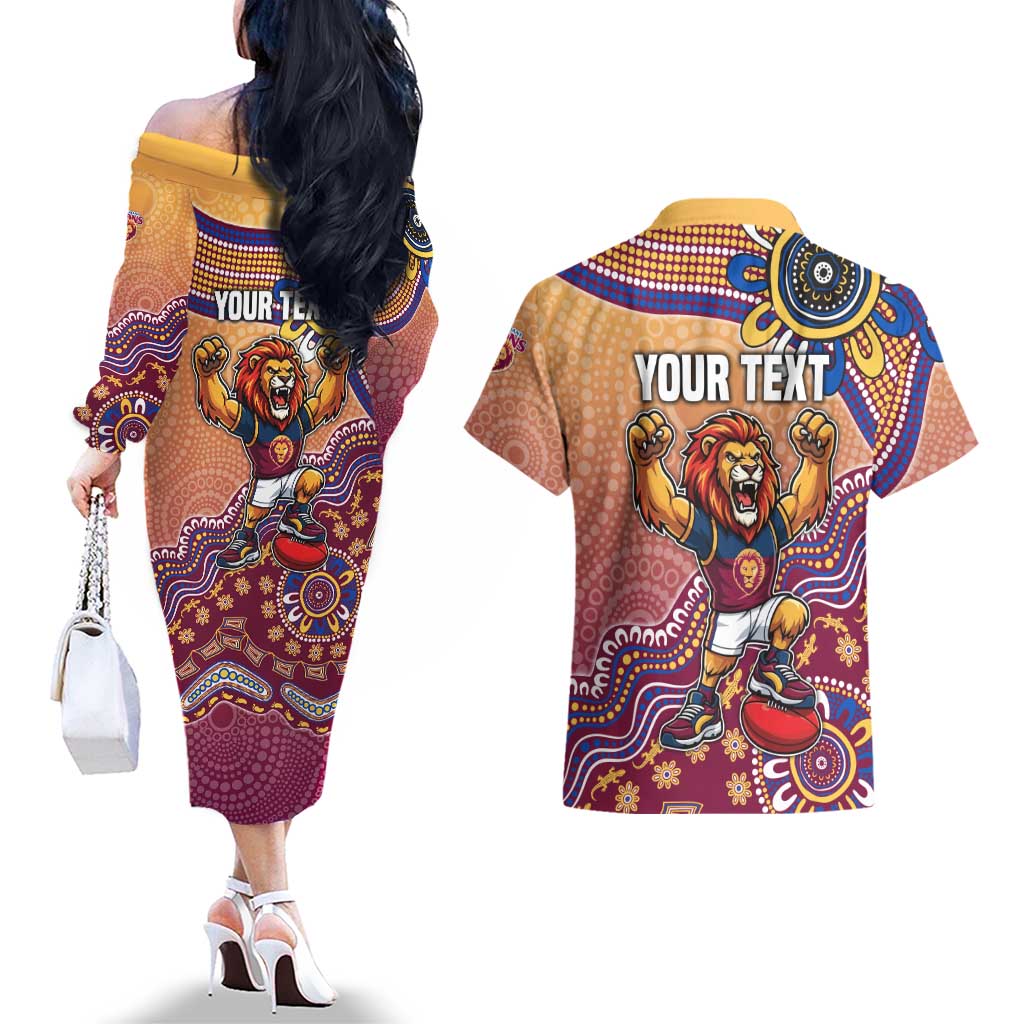 Personalized Brisbane Lions Football Mascot Couples Matching Off The Shoulder Long Sleeve Dress and Hawaiian Shirt Aboriginal Dot Art Style Vibrant Indigenous Pattern Design