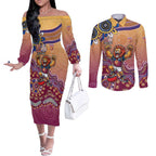 Personalized Brisbane Lions Football Mascot Couples Matching Off The Shoulder Long Sleeve Dress and Long Sleeve Button Shirt Aboriginal Dot Art Style Vibrant Indigenous Pattern Design