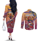Personalized Brisbane Lions Football Mascot Couples Matching Off The Shoulder Long Sleeve Dress and Long Sleeve Button Shirt Aboriginal Dot Art Style Vibrant Indigenous Pattern Design