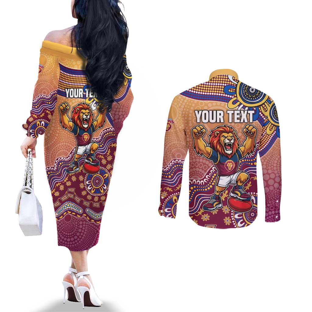 Personalized Brisbane Lions Football Mascot Couples Matching Off The Shoulder Long Sleeve Dress and Long Sleeve Button Shirt Aboriginal Dot Art Style Vibrant Indigenous Pattern Design