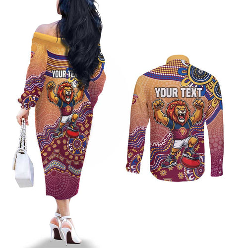 Personalized Brisbane Lions Football Mascot Couples Matching Off The Shoulder Long Sleeve Dress and Long Sleeve Button Shirt Aboriginal Dot Art Style Vibrant Indigenous Pattern Design