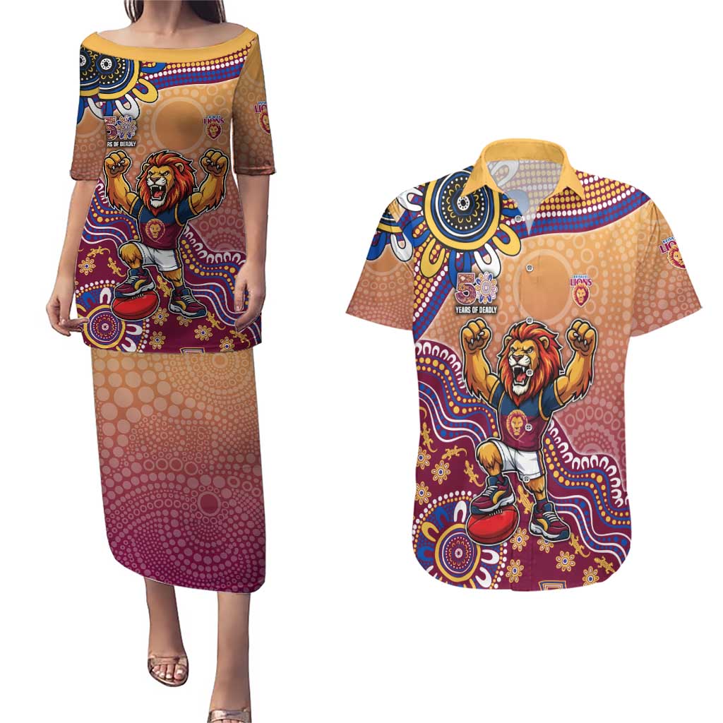 Personalized Brisbane Lions Football Mascot Couples Matching Puletasi and Hawaiian Shirt Aboriginal Dot Art Style Vibrant Indigenous Pattern Design