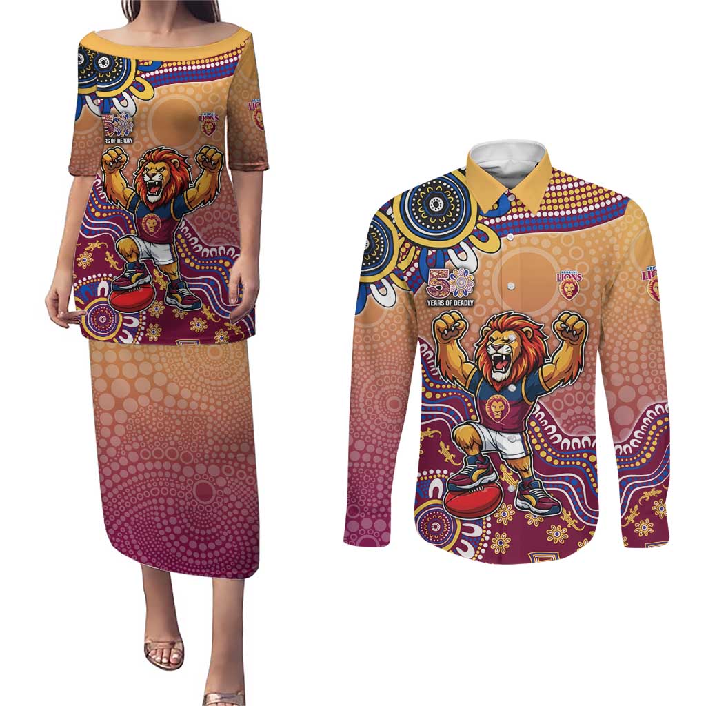 Personalized Brisbane Lions Football Mascot Couples Matching Puletasi and Long Sleeve Button Shirt Aboriginal Dot Art Style Vibrant Indigenous Pattern Design