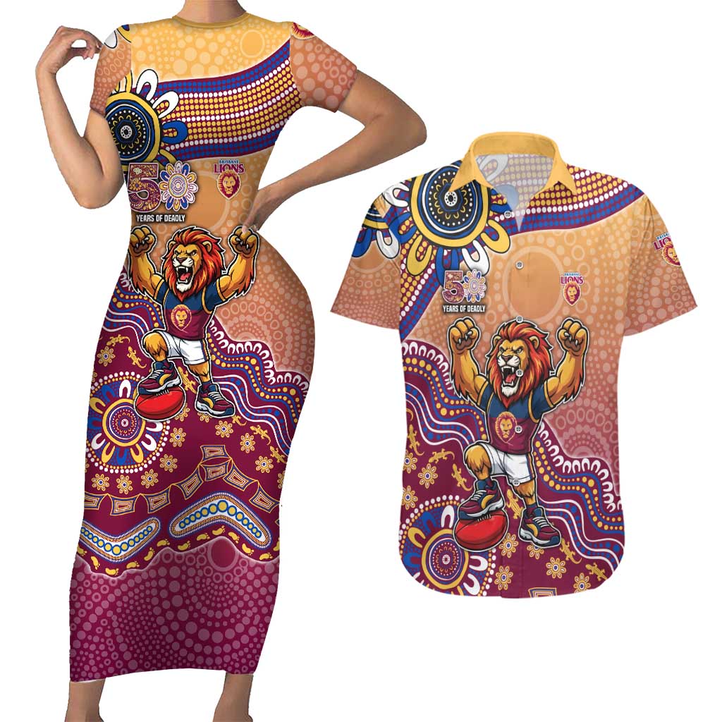 Personalized Brisbane Lions Football Mascot Couples Matching Short Sleeve Bodycon Dress and Hawaiian Shirt Aboriginal Dot Art Style Vibrant Indigenous Pattern Design