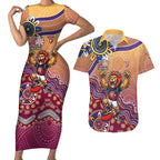 Personalized Brisbane Lions Football Mascot Couples Matching Short Sleeve Bodycon Dress and Hawaiian Shirt Aboriginal Dot Art Style Vibrant Indigenous Pattern Design