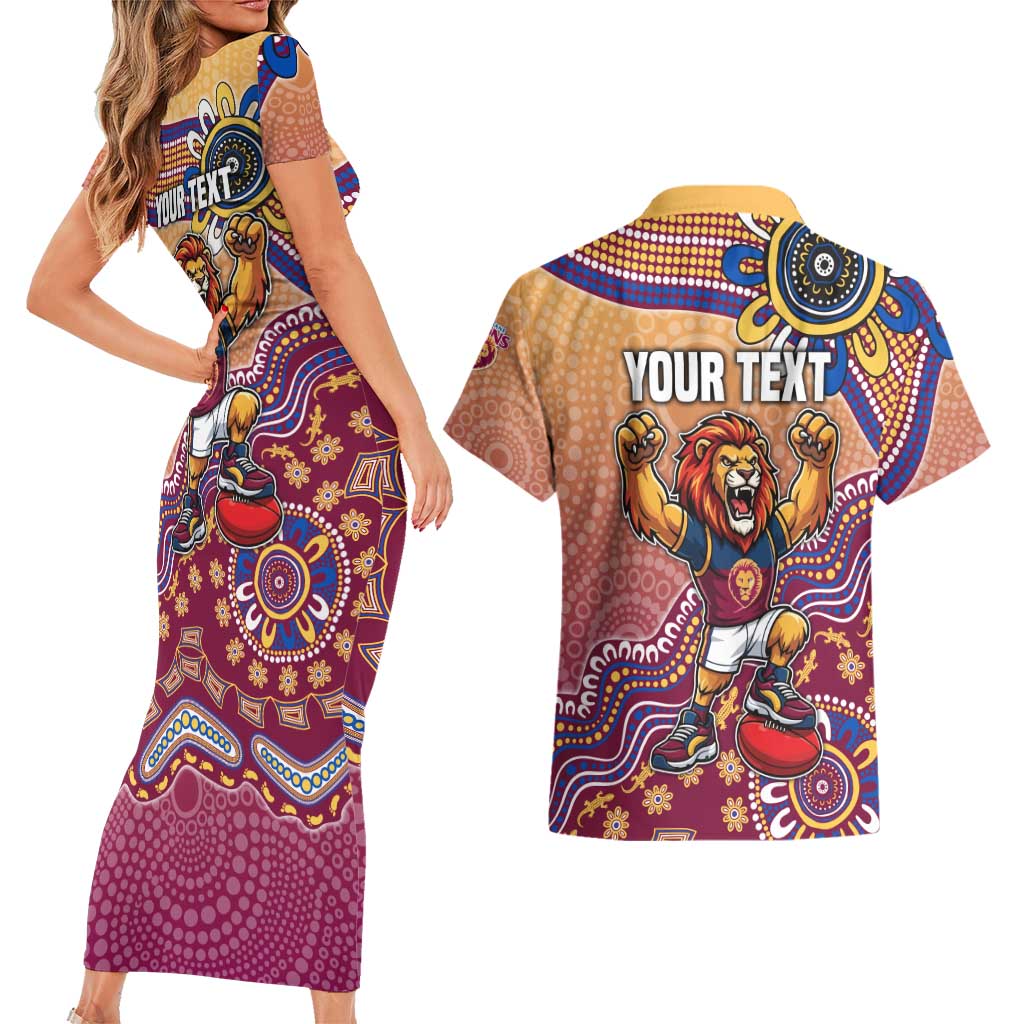 Personalized Brisbane Lions Football Mascot Couples Matching Short Sleeve Bodycon Dress and Hawaiian Shirt Aboriginal Dot Art Style Vibrant Indigenous Pattern Design