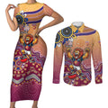 Personalized Brisbane Lions Football Mascot Couples Matching Short Sleeve Bodycon Dress and Long Sleeve Button Shirt Aboriginal Dot Art Style Vibrant Indigenous Pattern Design