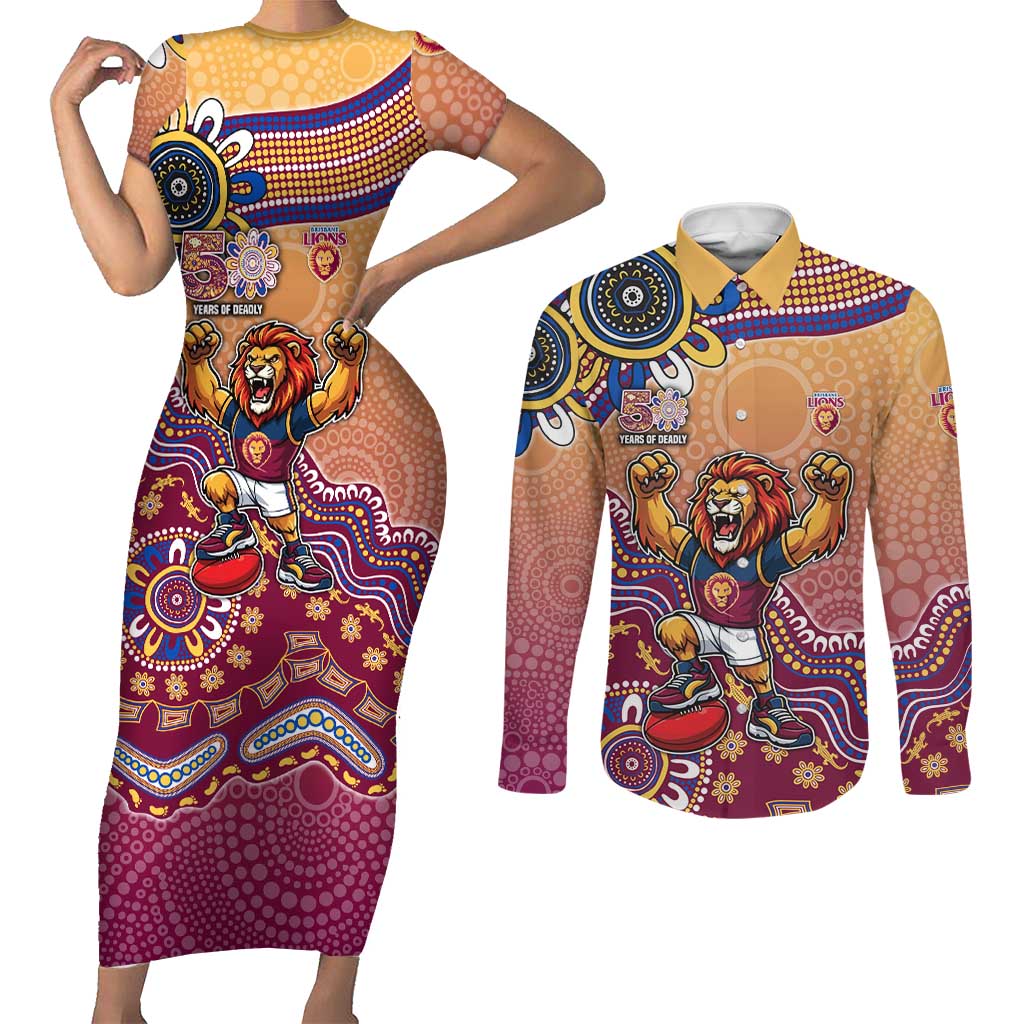 Personalized Brisbane Lions Football Mascot Couples Matching Short Sleeve Bodycon Dress and Long Sleeve Button Shirt Aboriginal Dot Art Style Vibrant Indigenous Pattern Design