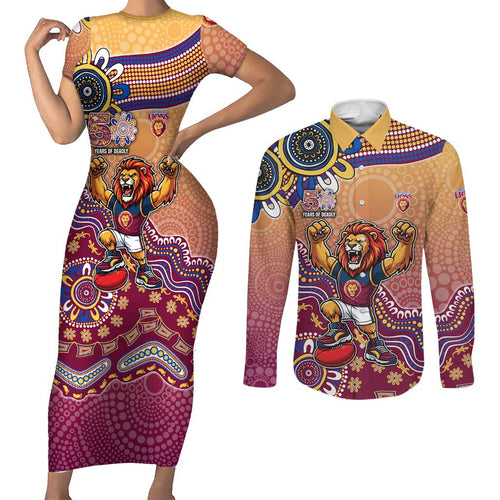 Personalized Brisbane Lions Football Mascot Couples Matching Short Sleeve Bodycon Dress and Long Sleeve Button Shirt Aboriginal Dot Art Style Vibrant Indigenous Pattern Design