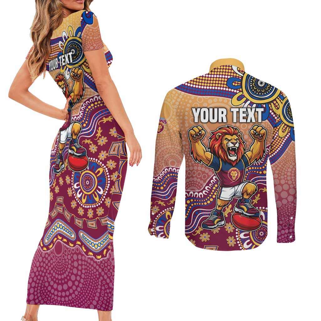 Personalized Brisbane Lions Football Mascot Couples Matching Short Sleeve Bodycon Dress and Long Sleeve Button Shirt Aboriginal Dot Art Style Vibrant Indigenous Pattern Design