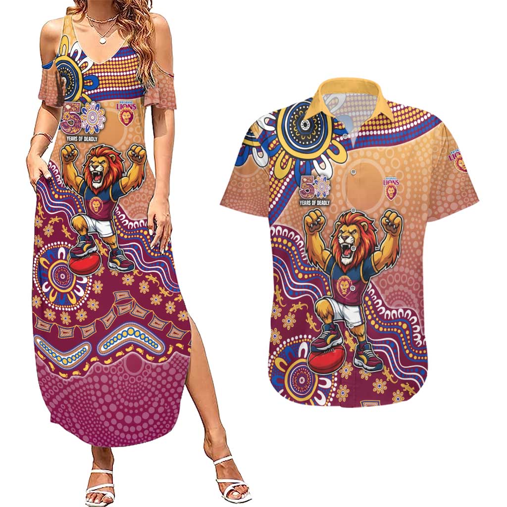 Personalized Brisbane Lions Football Mascot Couples Matching Summer Maxi Dress and Hawaiian Shirt Aboriginal Dot Art Style Vibrant Indigenous Pattern Design