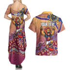 Personalized Brisbane Lions Football Mascot Couples Matching Summer Maxi Dress and Hawaiian Shirt Aboriginal Dot Art Style Vibrant Indigenous Pattern Design