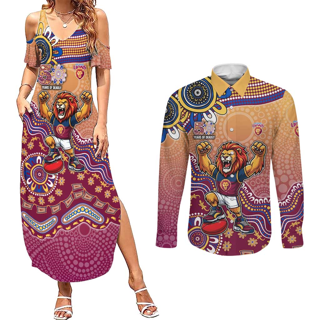 Personalized Brisbane Lions Football Mascot Couples Matching Summer Maxi Dress and Long Sleeve Button Shirt Aboriginal Dot Art Style Vibrant Indigenous Pattern Design