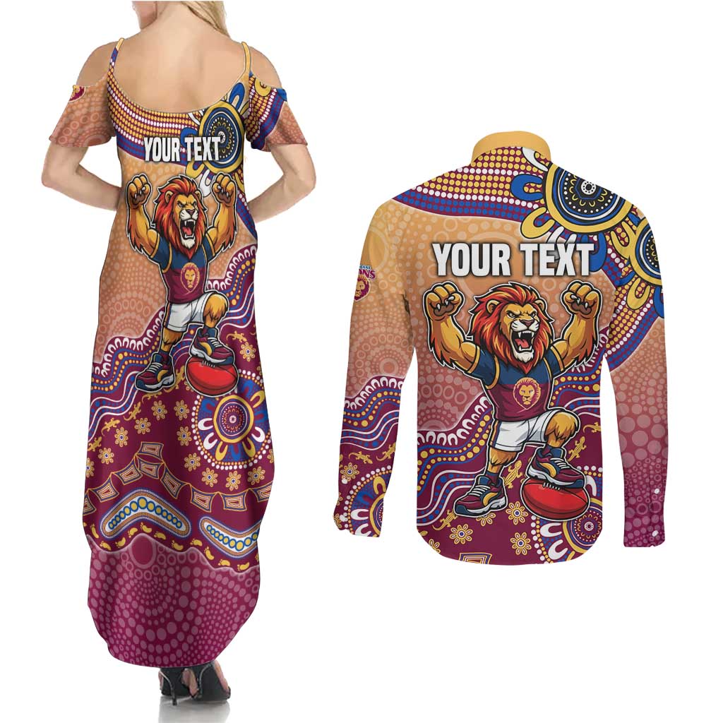 Personalized Brisbane Lions Football Mascot Couples Matching Summer Maxi Dress and Long Sleeve Button Shirt Aboriginal Dot Art Style Vibrant Indigenous Pattern Design