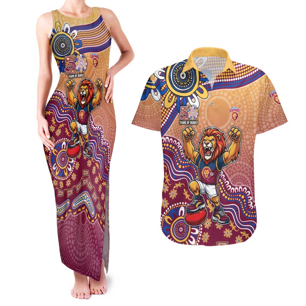 Personalized Brisbane Lions Football Mascot Couples Matching Tank Maxi Dress and Hawaiian Shirt Aboriginal Dot Art Style Vibrant Indigenous Pattern Design