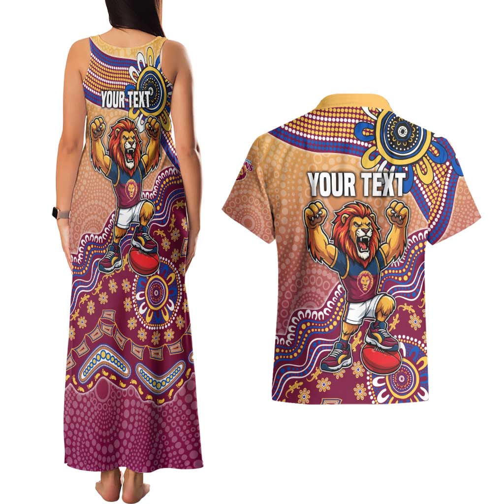 Personalized Brisbane Lions Football Mascot Couples Matching Tank Maxi Dress and Hawaiian Shirt Aboriginal Dot Art Style Vibrant Indigenous Pattern Design