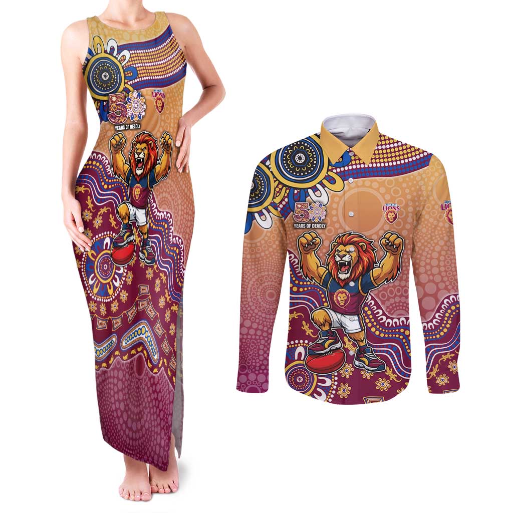 Personalized Brisbane Lions Football Mascot Couples Matching Tank Maxi Dress and Long Sleeve Button Shirt Aboriginal Dot Art Style Vibrant Indigenous Pattern Design