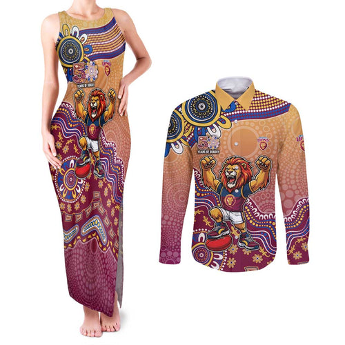 Personalized Brisbane Lions Football Mascot Couples Matching Tank Maxi Dress and Long Sleeve Button Shirt Aboriginal Dot Art Style Vibrant Indigenous Pattern Design