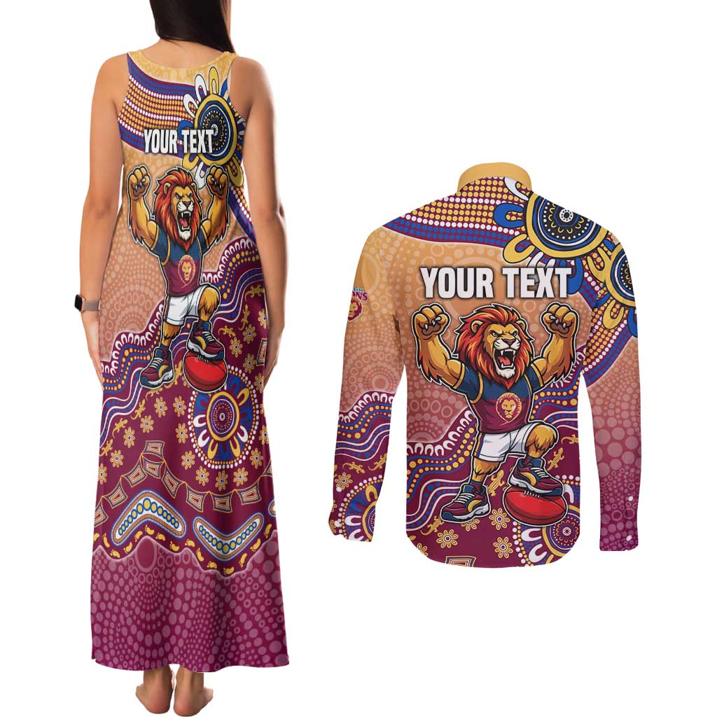 Personalized Brisbane Lions Football Mascot Couples Matching Tank Maxi Dress and Long Sleeve Button Shirt Aboriginal Dot Art Style Vibrant Indigenous Pattern Design