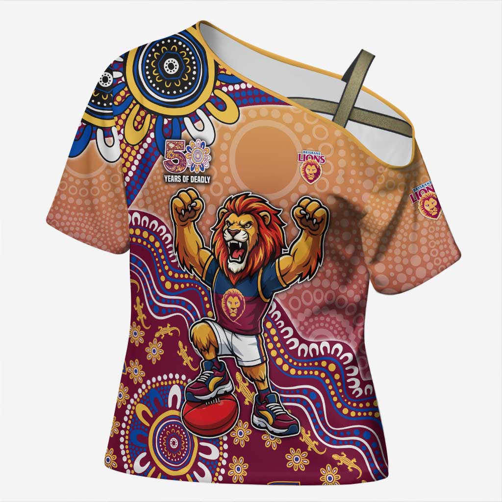 Personalized Brisbane Lions Football Mascot Cross Shoulder Shirt Aboriginal Dot Art Style Vibrant Indigenous Pattern Design