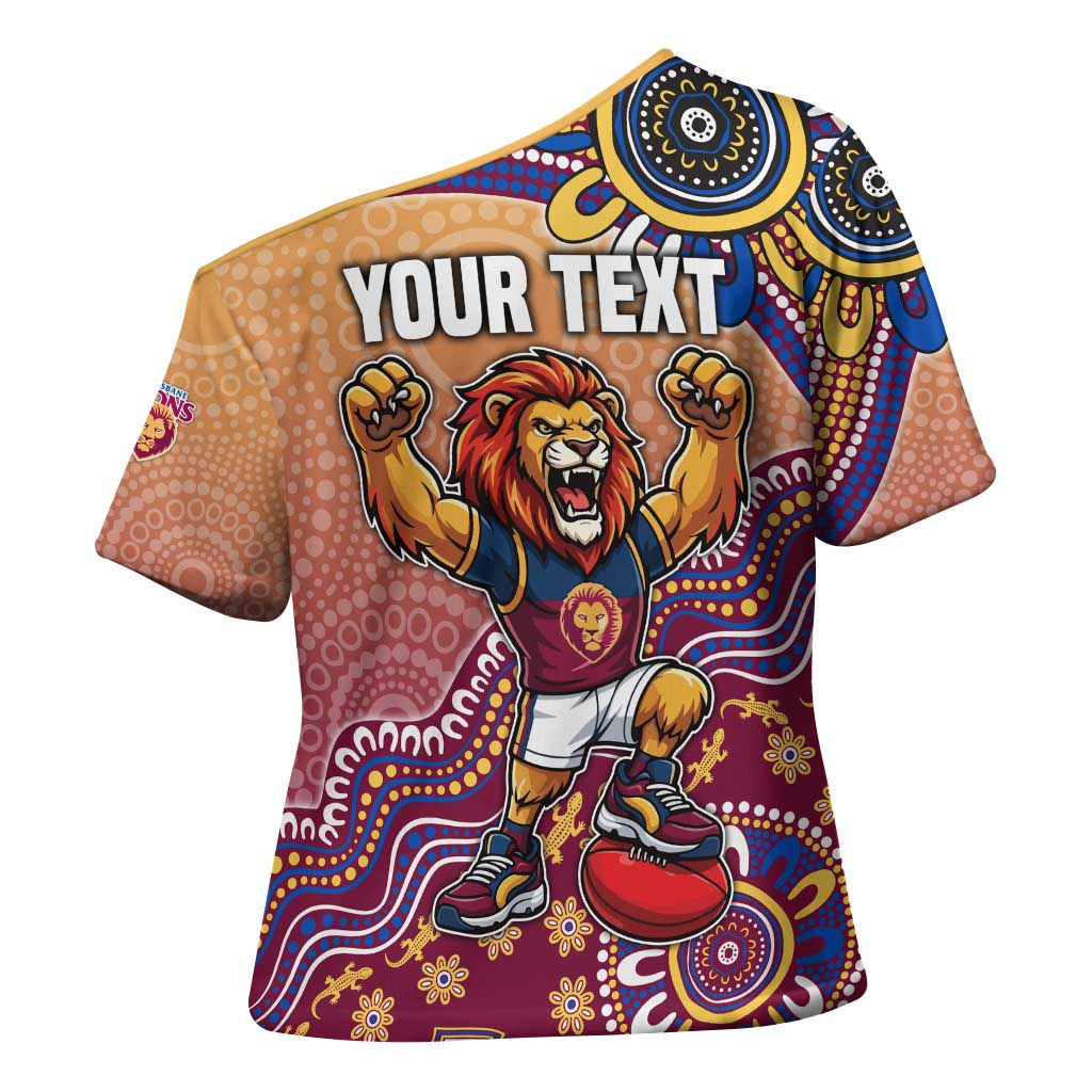 Personalized Brisbane Lions Football Mascot Cross Shoulder Shirt Aboriginal Dot Art Style Vibrant Indigenous Pattern Design