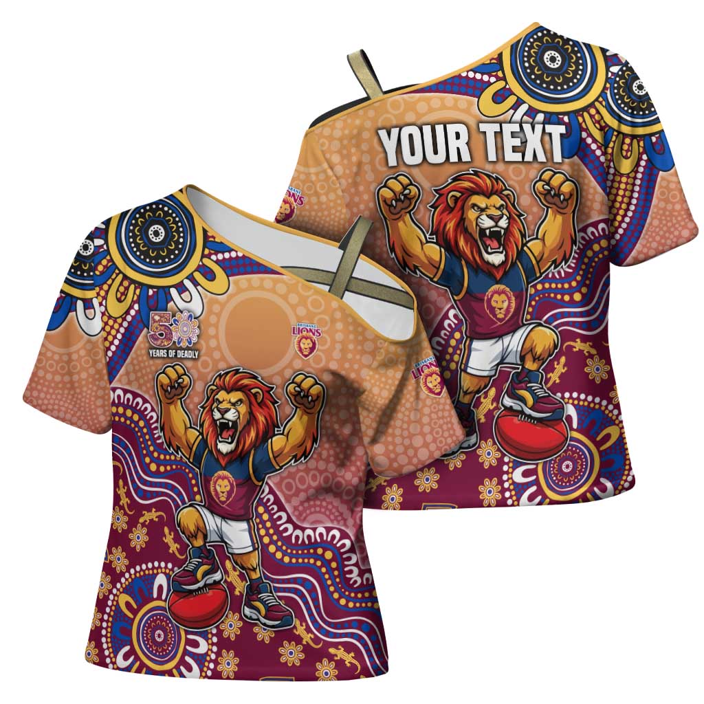 Personalized Brisbane Lions Football Mascot Cross Shoulder Shirt Aboriginal Dot Art Style Vibrant Indigenous Pattern Design