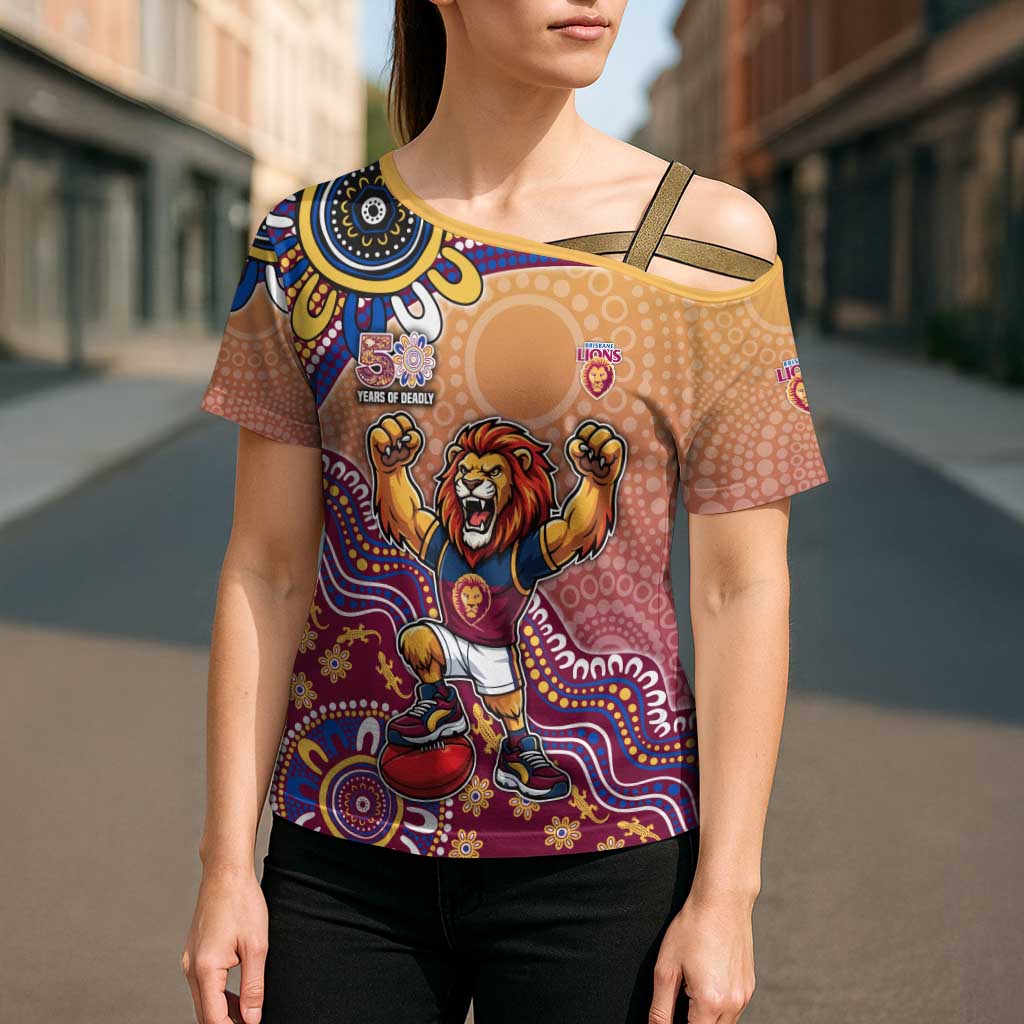 Personalized Brisbane Lions Football Mascot Cross Shoulder Shirt Aboriginal Dot Art Style Vibrant Indigenous Pattern Design