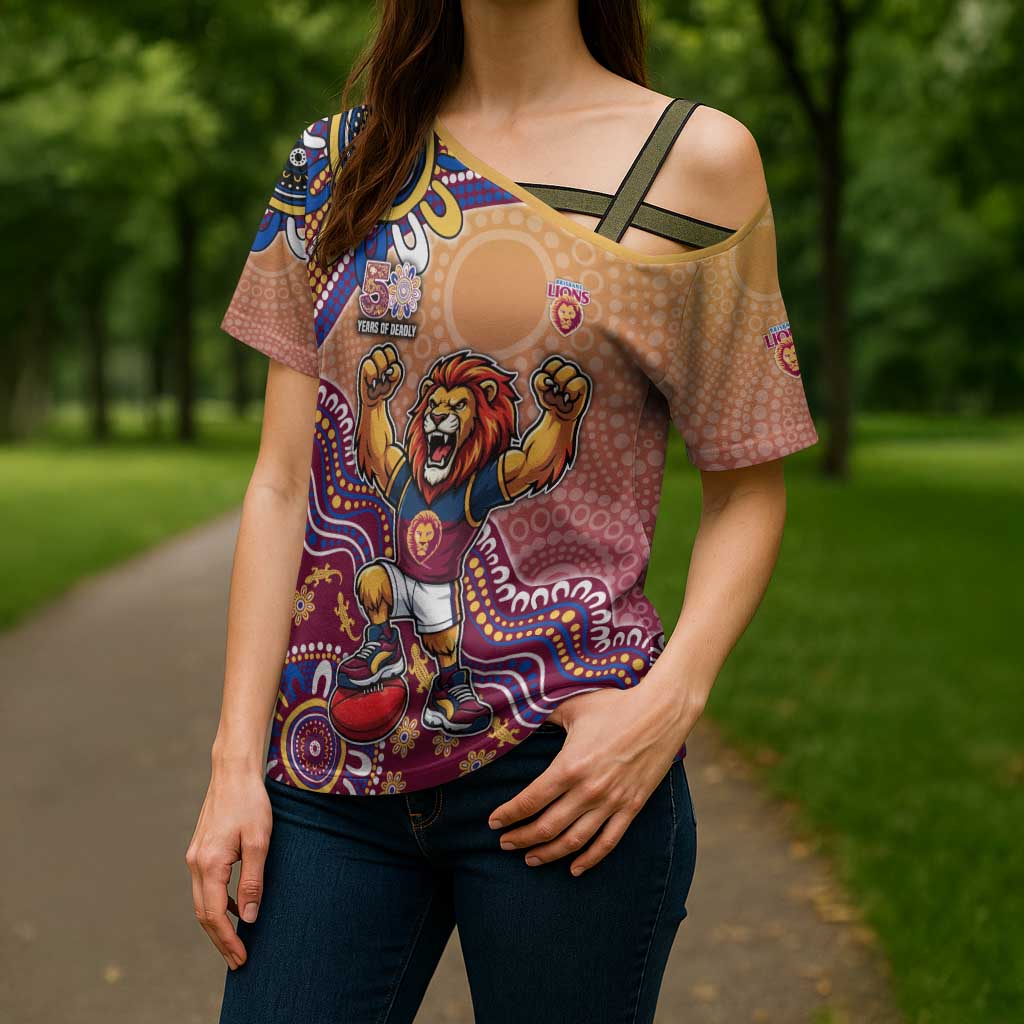 Personalized Brisbane Lions Football Mascot Cross Shoulder Shirt Aboriginal Dot Art Style Vibrant Indigenous Pattern Design