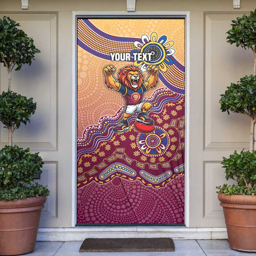 Personalized Brisbane Lions Football Mascot Door Cover Aboriginal Dot Art Style Vibrant Indigenous Pattern Design