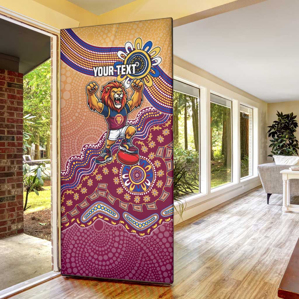 Personalized Brisbane Lions Football Mascot Door Cover Aboriginal Dot Art Style Vibrant Indigenous Pattern Design