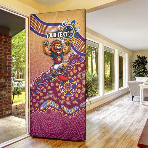 Personalized Brisbane Lions Football Mascot Door Cover Aboriginal Dot Art Style Vibrant Indigenous Pattern Design
