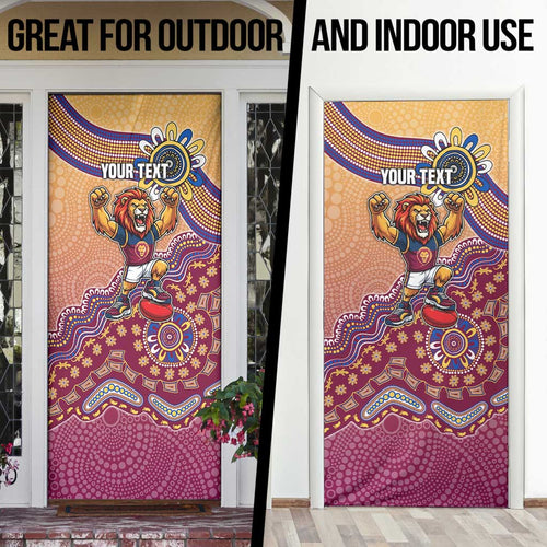 Personalized Brisbane Lions Football Mascot Door Cover Aboriginal Dot Art Style Vibrant Indigenous Pattern Design