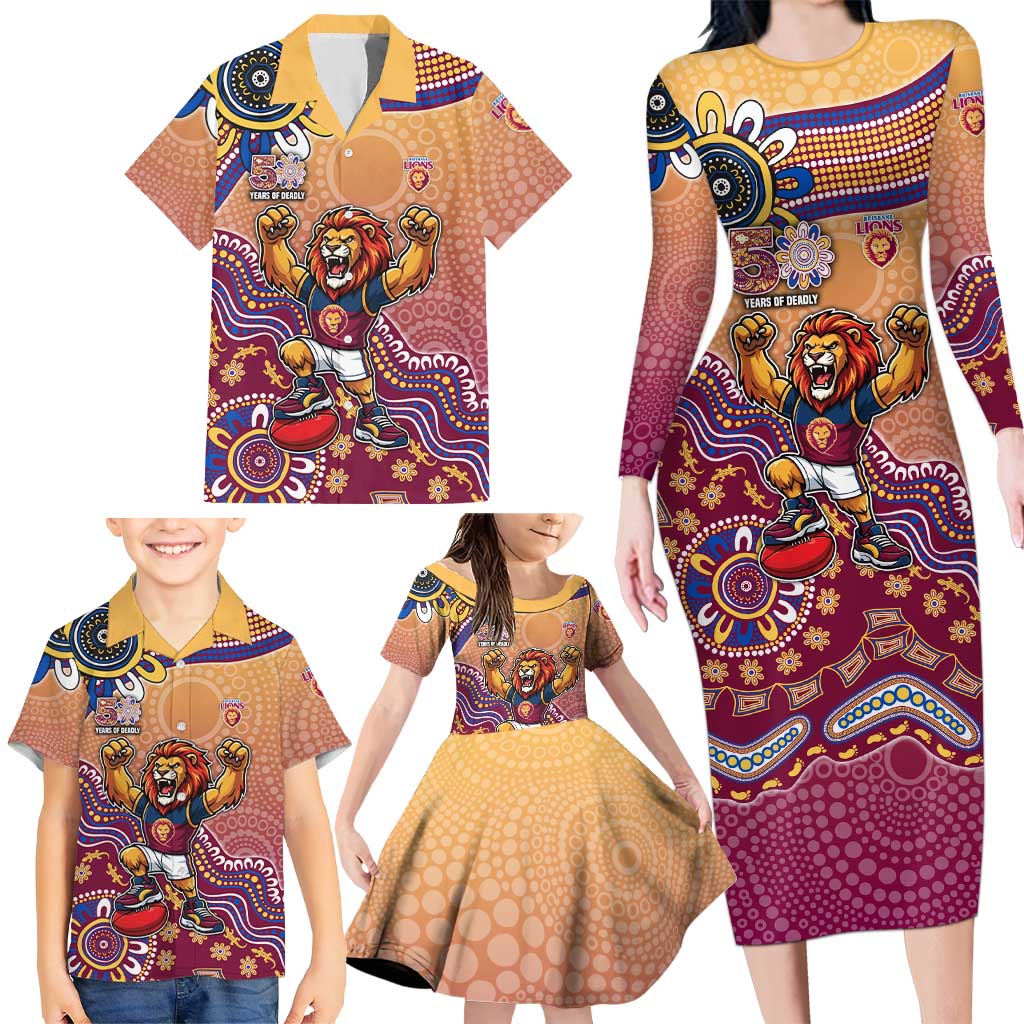 Personalized Brisbane Lions Football Mascot Family Matching Long Sleeve Bodycon Dress and Hawaiian Shirt Aboriginal Dot Art Style Vibrant Indigenous Pattern Design