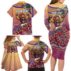 Personalized Brisbane Lions Football Mascot Family Matching Long Sleeve Bodycon Dress and Hawaiian Shirt Aboriginal Dot Art Style Vibrant Indigenous Pattern Design