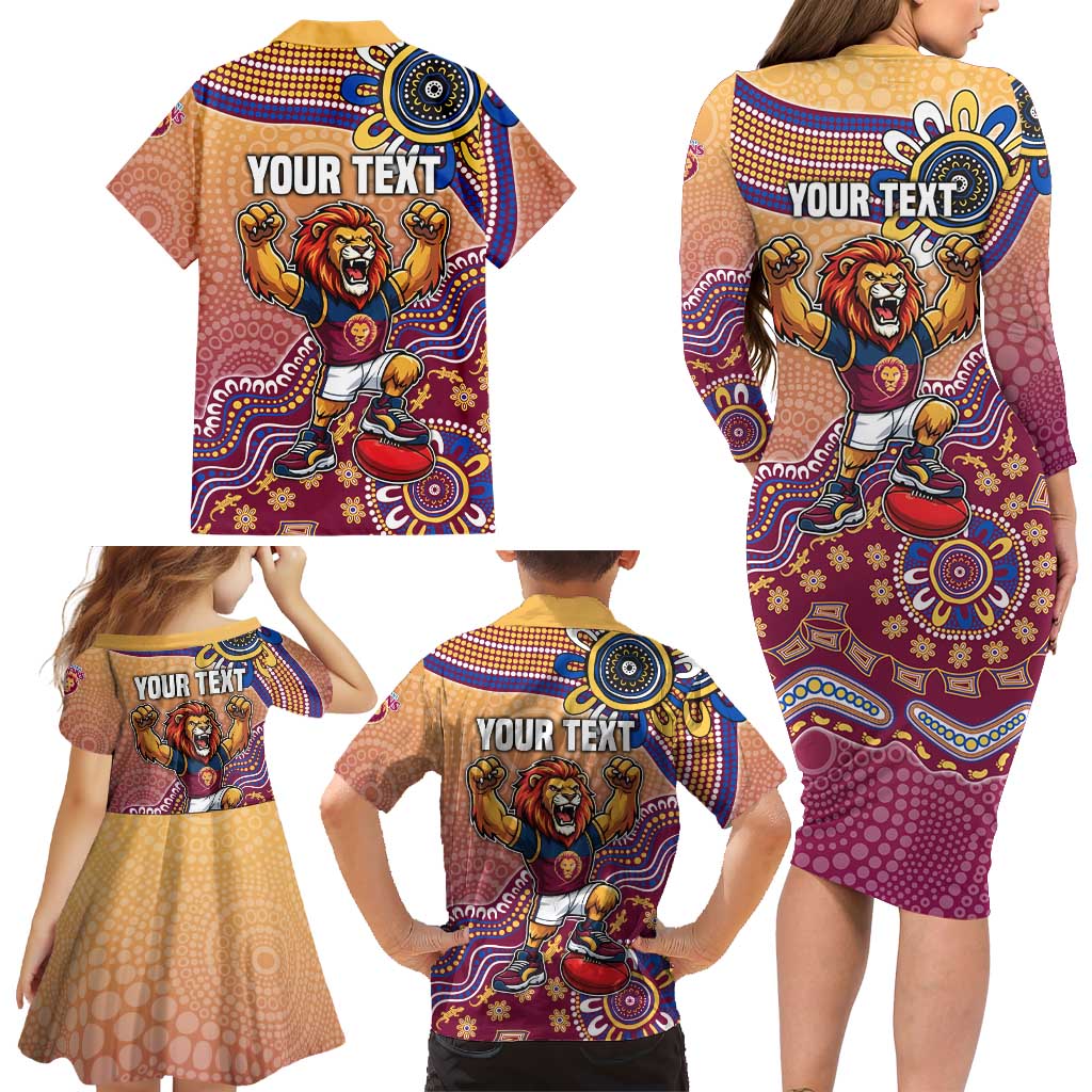 Personalized Brisbane Lions Football Mascot Family Matching Long Sleeve Bodycon Dress and Hawaiian Shirt Aboriginal Dot Art Style Vibrant Indigenous Pattern Design