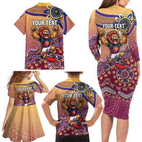 Personalized Brisbane Lions Football Mascot Family Matching Long Sleeve Bodycon Dress and Hawaiian Shirt Aboriginal Dot Art Style Vibrant Indigenous Pattern Design