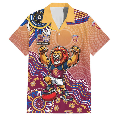 Personalized Brisbane Lions Football Mascot Family Matching Long Sleeve Bodycon Dress and Hawaiian Shirt Aboriginal Dot Art Style Vibrant Indigenous Pattern Design