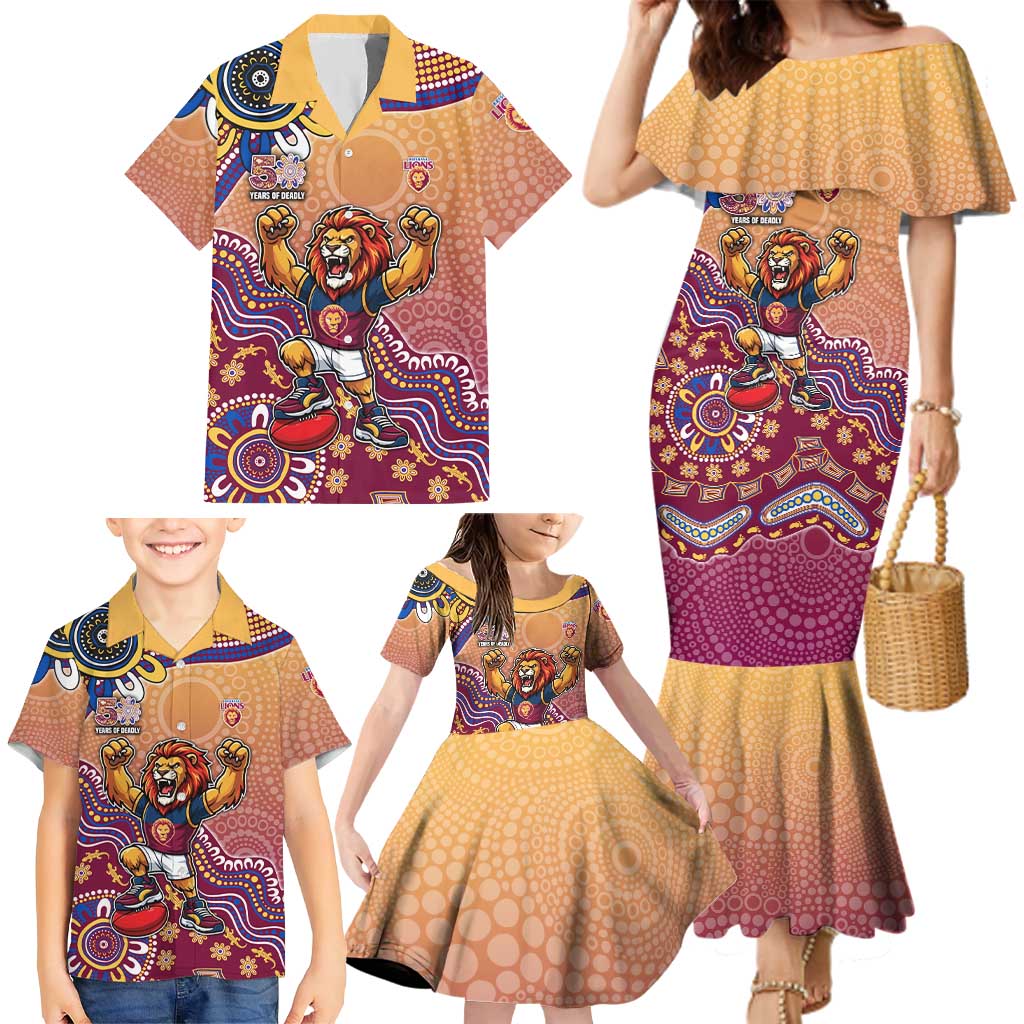 Personalized Brisbane Lions Football Mascot Family Matching Mermaid Dress and Hawaiian Shirt Aboriginal Dot Art Style Vibrant Indigenous Pattern Design