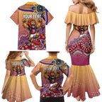 Personalized Brisbane Lions Football Mascot Family Matching Mermaid Dress and Hawaiian Shirt Aboriginal Dot Art Style Vibrant Indigenous Pattern Design